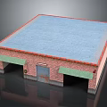 Cartoon Scene of Red Brick Building with Blue Roof Green Awnings and Roll up Door