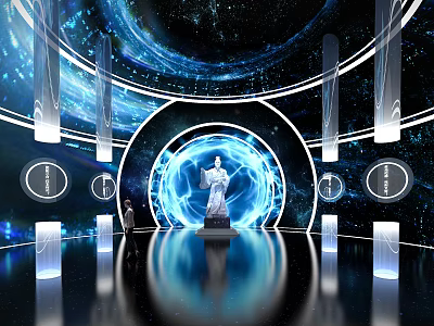 Futuristic Tobacco And Alcohol Store With Blue Halo Circular Structure Illuminated Elements And Reflections 3d model