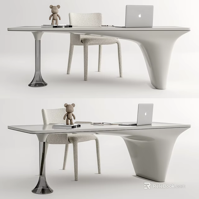 Modern Minimalist Desk With Curved Legs Glass Top Laptop Bear Phone And Books 3d model 