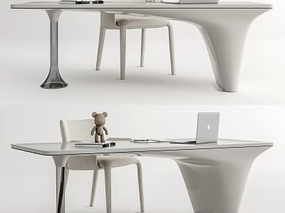 Modern Minimalist Desk With Curved Legs Glass Top Laptop Bear Phone And Books 3d model