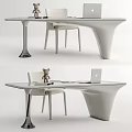Modern Minimalist Desk With Curved Legs Glass Top Laptop Bear Phone And Books
