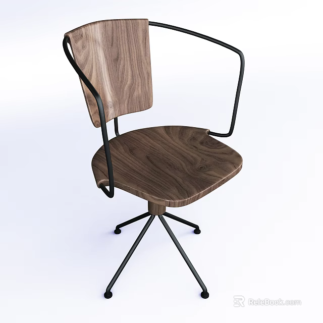 Modern Minimalist Dining Chair With Walnut Wooden Seat And Black Metal Frame Design 3d model 
