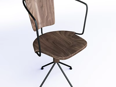 Modern Minimalist Dining Chair With Walnut Wooden Seat And Black Metal Frame Design 3d model
