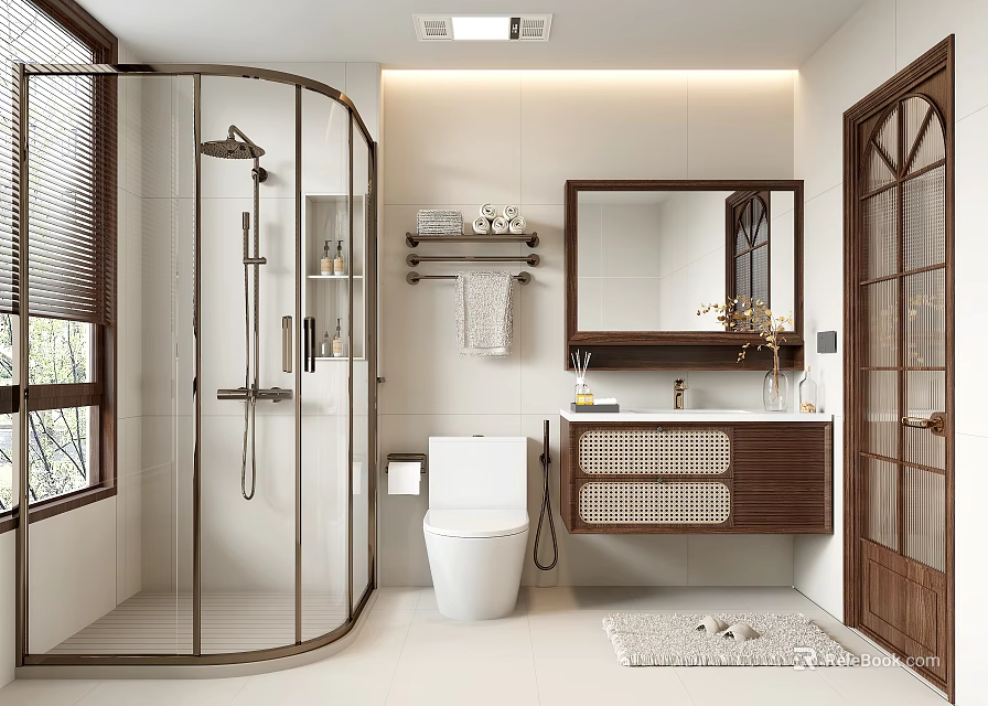 Elegant Modern Bathroom Interior Design With Glass Shower White Toilet Wooden Vanity And Mirror Blinds 3d model 