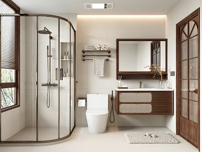 Elegant Modern Bathroom Interior Design With Glass Shower White Toilet Wooden Vanity And Mirror Blinds 3d model