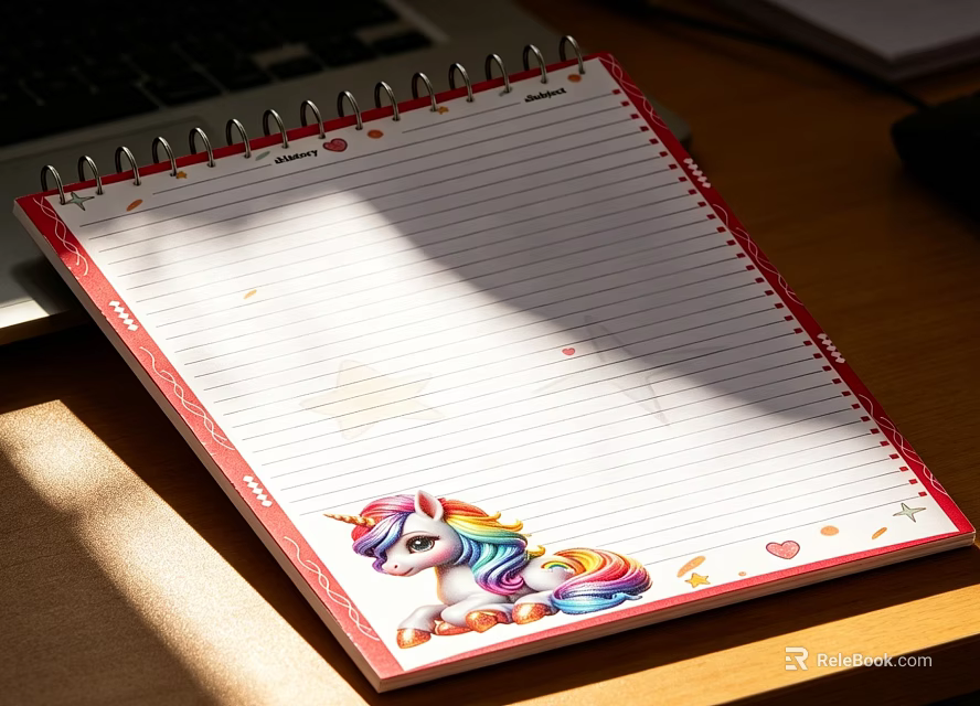 Spiral Bound Colorful Unicorn Notebook With Heart Star Decorations On Wooden Desk With Sunlight Shadow 3d model 