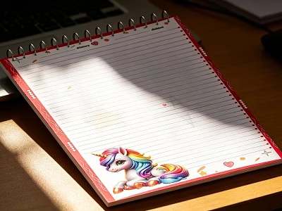 Spiral Bound Colorful Unicorn Notebook With Heart Star Decorations On Wooden Desk With Sunlight Shadow 3d model
