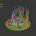 3D Undersea Diorama With Orange Fish Small Creatures Green Seaweed Purple Coral And White Skeleton