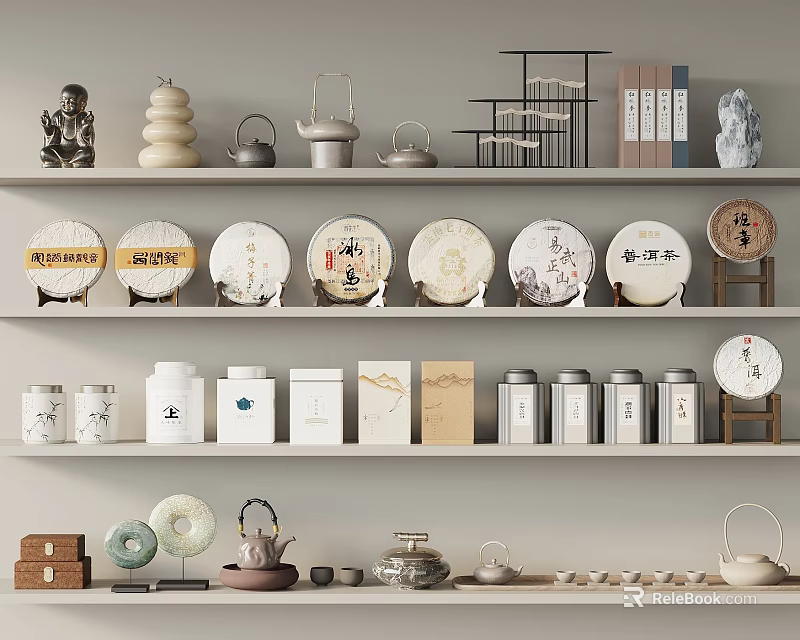 Traditional Tea Sets Display with Tea Cakes Teapots and Teacups on Shelves 3d model 