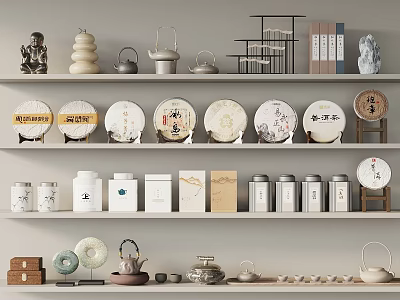 Traditional Tea Sets Display with Tea Cakes Teapots and Teacups on Shelves 3d model