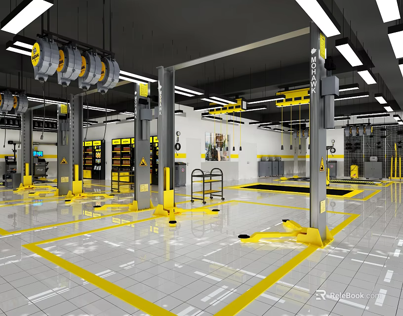 4S Auto Shop Service Area With Car Lifts Repair Equipment And Clean Floor 3d model 