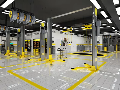 4S Auto Shop Service Area With Car Lifts Repair Equipment And Clean Floor 3d model