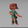 Cartoon Style 3D Female Character With Red Short Hair Green Top Brown Satchel And Barefoot