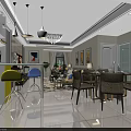 Modern Living And Dining Room Interior With Pendant Lights Woven Chairs Sofa And Framed Paintings