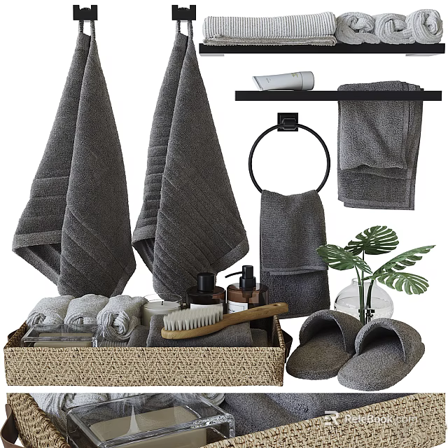 Modern Bathroom Accessories Set with Soft Towels Hanging Rack Cozy Slippers Toiletries and Green Plant 3d model 