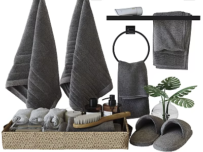 Modern Bathroom Accessories Set with Soft Towels Hanging Rack Cozy Slippers Toiletries and Green Plant 3d model