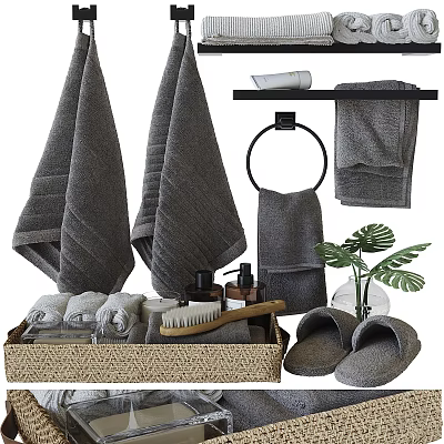 Modern Bathroom Accessories Set with Soft Towels Hanging Rack Cozy Slippers Toiletries and Green Plant 3d model