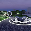 Garden Landscape With Green Hedge Walls Spiral Sculpture Pebble Path And Colorful Flowers