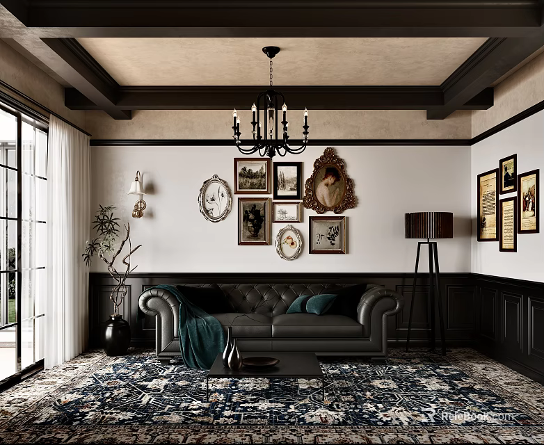 Elegant Living Room Interior With Black Leather Sofa Chandelier Framed Paintings And Patterned Rug 3d model 