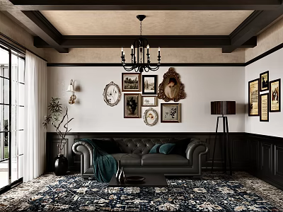 Elegant Living Room Interior With Black Leather Sofa Chandelier Framed Paintings And Patterned Rug 3d model