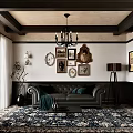 Elegant Living Room Interior With Black Leather Sofa Chandelier Framed Paintings And Patterned Rug