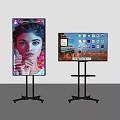 Two Modern Televisions On Stands Displaying Apps Interface And Portrait 3d model