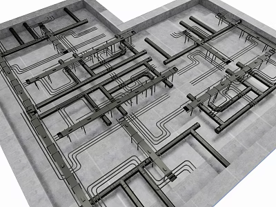 Industrial Piping Structure Layout With Interconnected Metal Pipes On Concrete Base 3d model