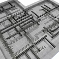 Industrial Piping Structure Layout With Interconnected Metal Pipes On Concrete Base