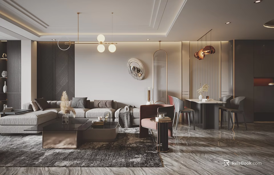 Elegant Modern Living Dining Room Interior With Sofa Coffee Table Dining Set And Pendant Lights 3d model 