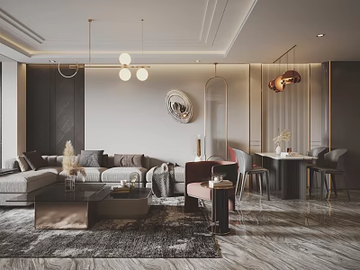 Elegant Modern Living Dining Room Interior With Sofa Coffee Table Dining Set And Pendant Lights 3d model