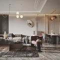 Elegant Modern Living Dining Room Interior With Sofa Coffee Table Dining Set And Pendant Lights