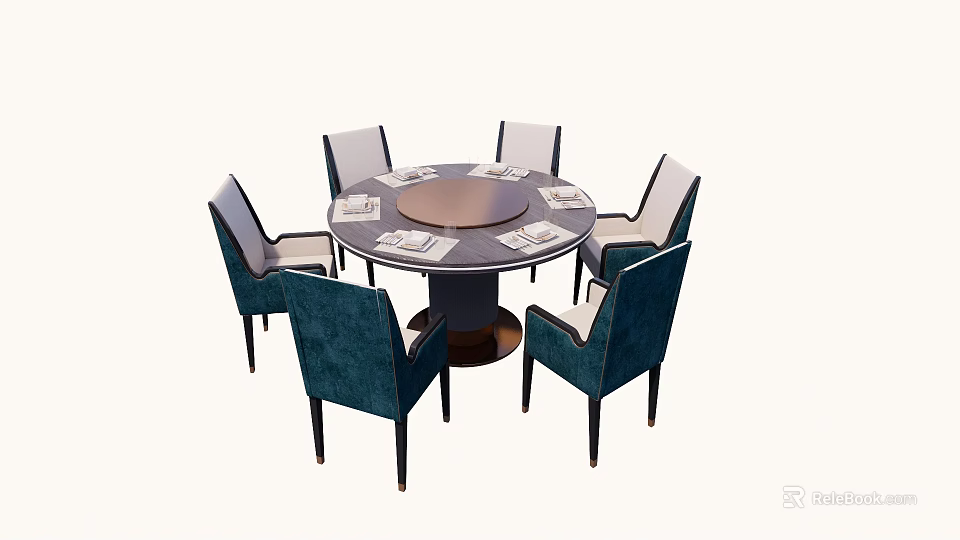 Modern Round Dining Table Set with Six Blue and Beige Fabric Chairs 3d model