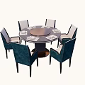 Modern Round Dining Table Set with Six Blue and Beige Fabric Chairs 3d model