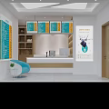 Mall Shop Interior With White Walls Geometric Ceiling Menu Boards Green Screens Reception Counter And Blue Chair