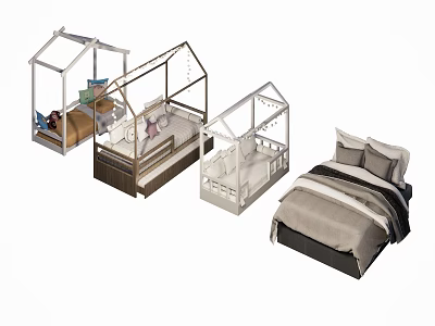 Various House Shaped Children's Bed With Canopy And Cozy Mattress 3d model