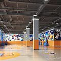 Basketball Gym Interior With Orange Floor Hoops Murals And Natural Light