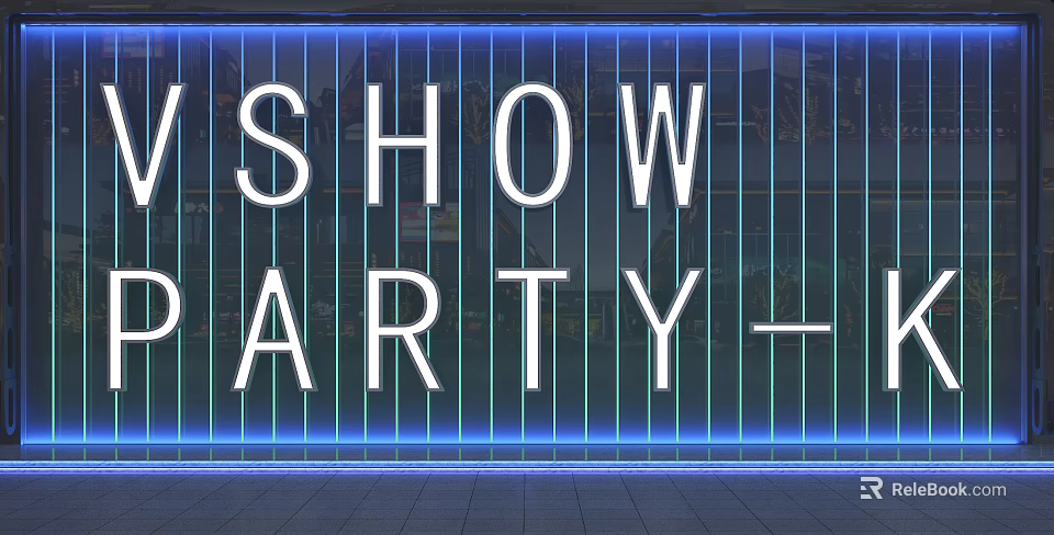 Neon Illuminated Backdrop Featuring Show Party Text And Colorful Striped Lights 3d model 