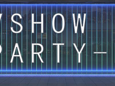 Neon Illuminated Backdrop Featuring Show Party Text And Colorful Striped Lights 3d model