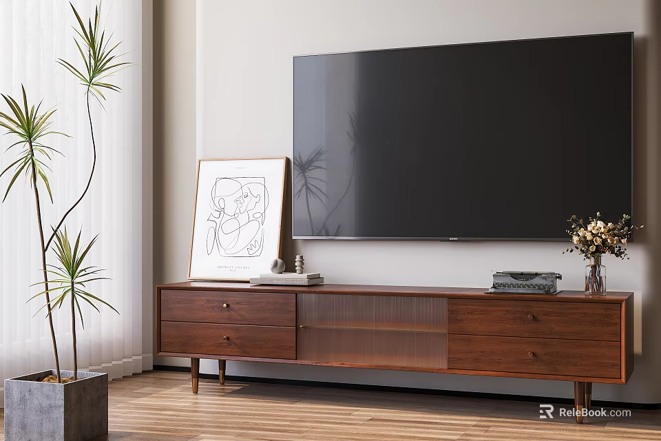 Wooden TV Stand With Large TV Screen Framed Artwork Potted Plant Vase And Wooden Floor 3d model 