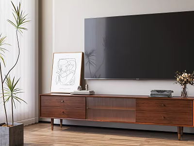 Wooden TV Stand With Large TV Screen Framed Artwork Potted Plant Vase And Wooden Floor 3d model