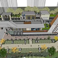 Modern Urban Commercial Street With Landscaped Greenery And Pedestrian Plaza