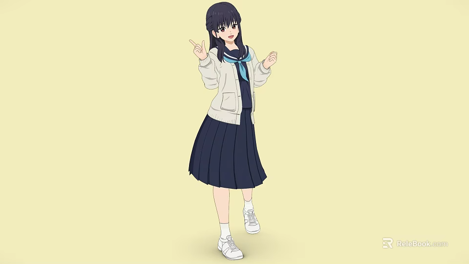 School Girl In White Jacket Blue Scarf Dark Pleated Skirt White Sneakers On Yellow Background 3d model 