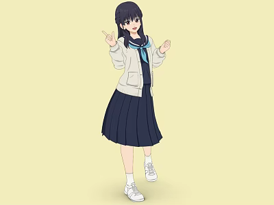School Girl In White Jacket Blue Scarf Dark Pleated Skirt White Sneakers On Yellow Background 3d model