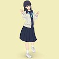 School Girl In White Jacket Blue Scarf Dark Pleated Skirt White Sneakers On Yellow Background