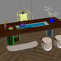 Wooden Tea Table with Chairs Stools Teapot Tea Cups and Potted Green Plant