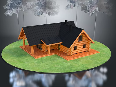 Wooden Log Cabin Exterior Design With Black Roof Chimney Green Lawn Porch And Windows 3d model
