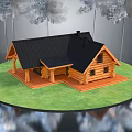 Wooden Log Cabin Exterior Design With Black Roof Chimney Green Lawn Porch And Windows