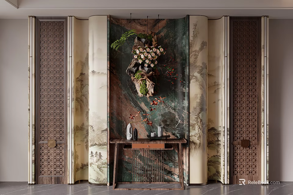 Traditional Chinese Entryway Hallway Design With Decorative Wall And Wooden Console Table 3d model 