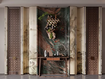 Traditional Chinese Entryway Hallway Design With Decorative Wall And Wooden Console Table 3d model