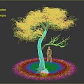 Lush Green Tree with Thick Trunk Dense Leaves Person Standing Green Grass and Small Stone